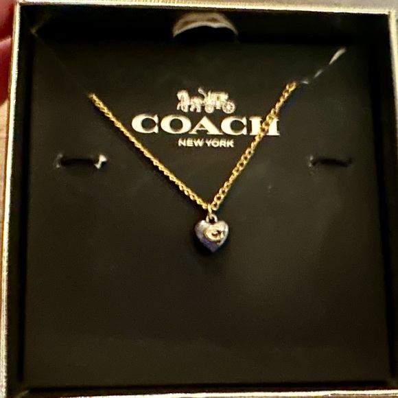 Coach Dainty Gunmetal Puffed Heart Necklace with Gold Signature C - Picture 1 of 5